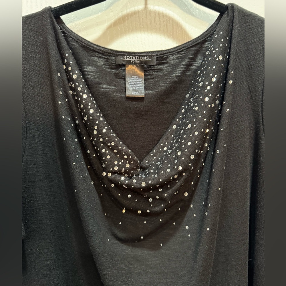 Notations Black with Crystals Cowlneck Top Size 2X NWOT